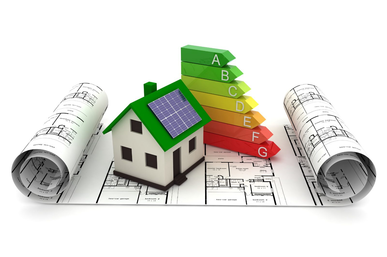 Maquette van een energiezuinig huis met zonnepaneel, bouwplannen en een EPC-labelschaal van A tot G