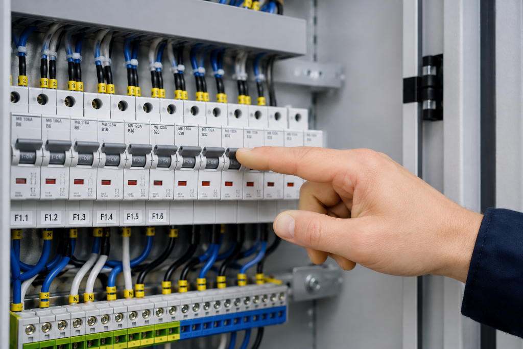 zekeringkast met vingerwijzing naar automaten
Alt-tekst: Keurder controleert de automaten en zekeringen in een elektrische zekeringkast tijdens een keuring.
