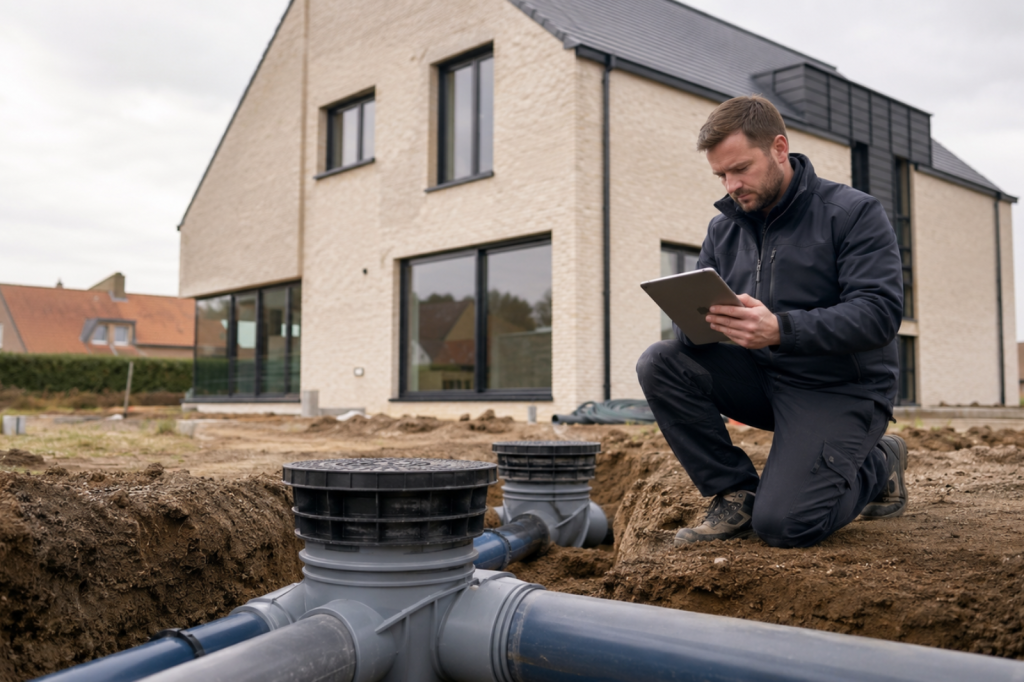 Keurder controleert de aansluiting van de privéwaterafvoer met een tablet ter plaatse.
