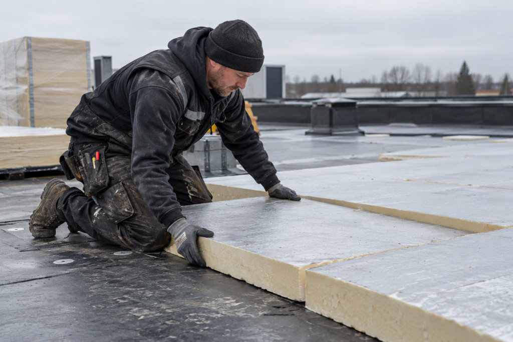 Dakwerker plaatst isolatieplaten op een plat dak om te voldoen aan de eis voor dakisolatie.