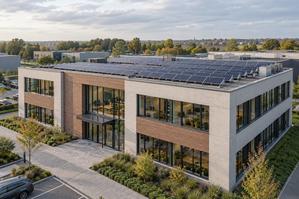 Kantoorgebouw met zonnepanelen op het platte dak om het minimale energielabel en het aandeel hernieuwbare energie te halen.